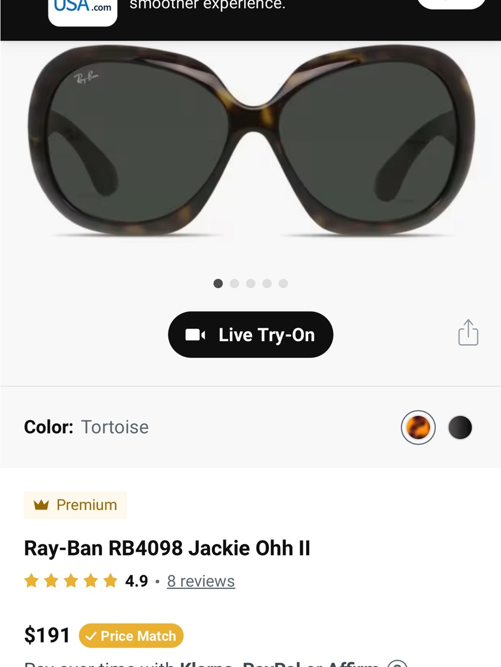 Ray-Ban Tortoise Oversized Black Lens Sunglasses Jackie Ohh II RB4098